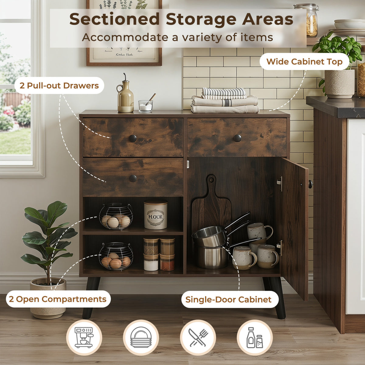31" Sideboard Cabinet with 2 Open Compartments and 2 Drawers