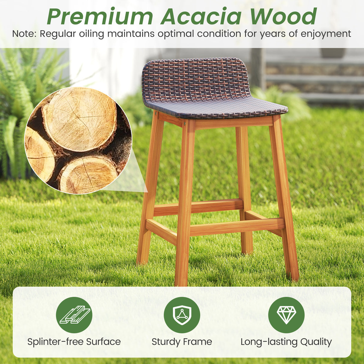 Solid Acacia Wood Bar Stools Set of 2 with Backrests and Footrests for Porch