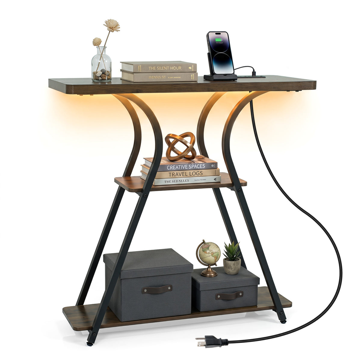 Narrow Long Entryway Table with Power Outlets and LED Lights