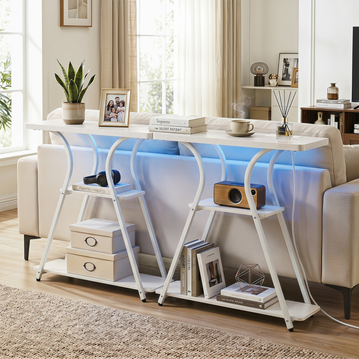 Narrow Long Entryway Table with Power Outlets and LED Lights