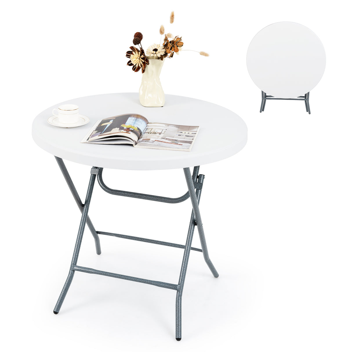 32 Inch Round Folding Table with Thick Tabletop for Picnic