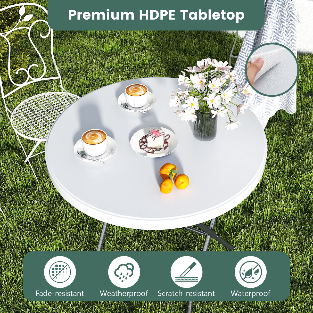 32 Inch Round Folding Table with Thick Tabletop for Picnic
