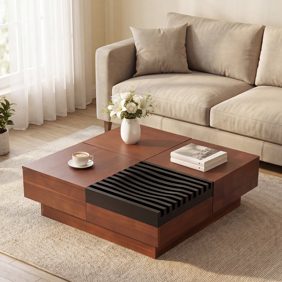 32" Square Color-blocking Design Coffee Table with Storage Tray for Living Room-Walnut
