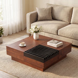 32" Square Color-blocking Design Coffee Table with Storage Tray for Living Room-Walnut