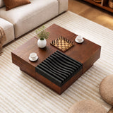 32" Square Color-blocking Design Coffee Table with Storage Tray for Living Room-Walnut