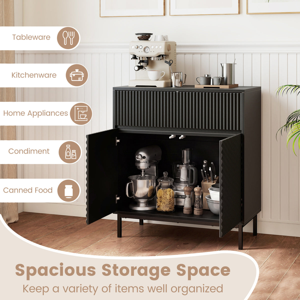 32" Wide Buffet Cabinet with 2 Doors and 1 Drawer for Kitchen-Black