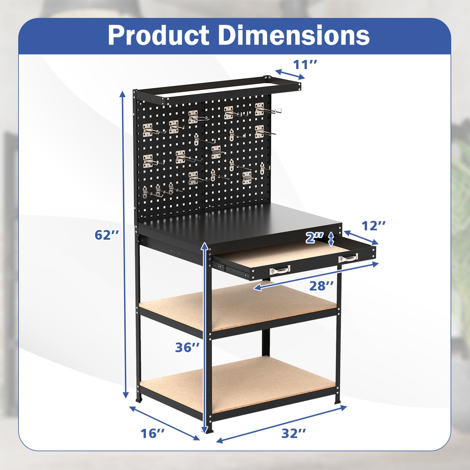 32 x 16 Inch Workbench Work Table with 2 PCs Pegboard Drawer and Shelves