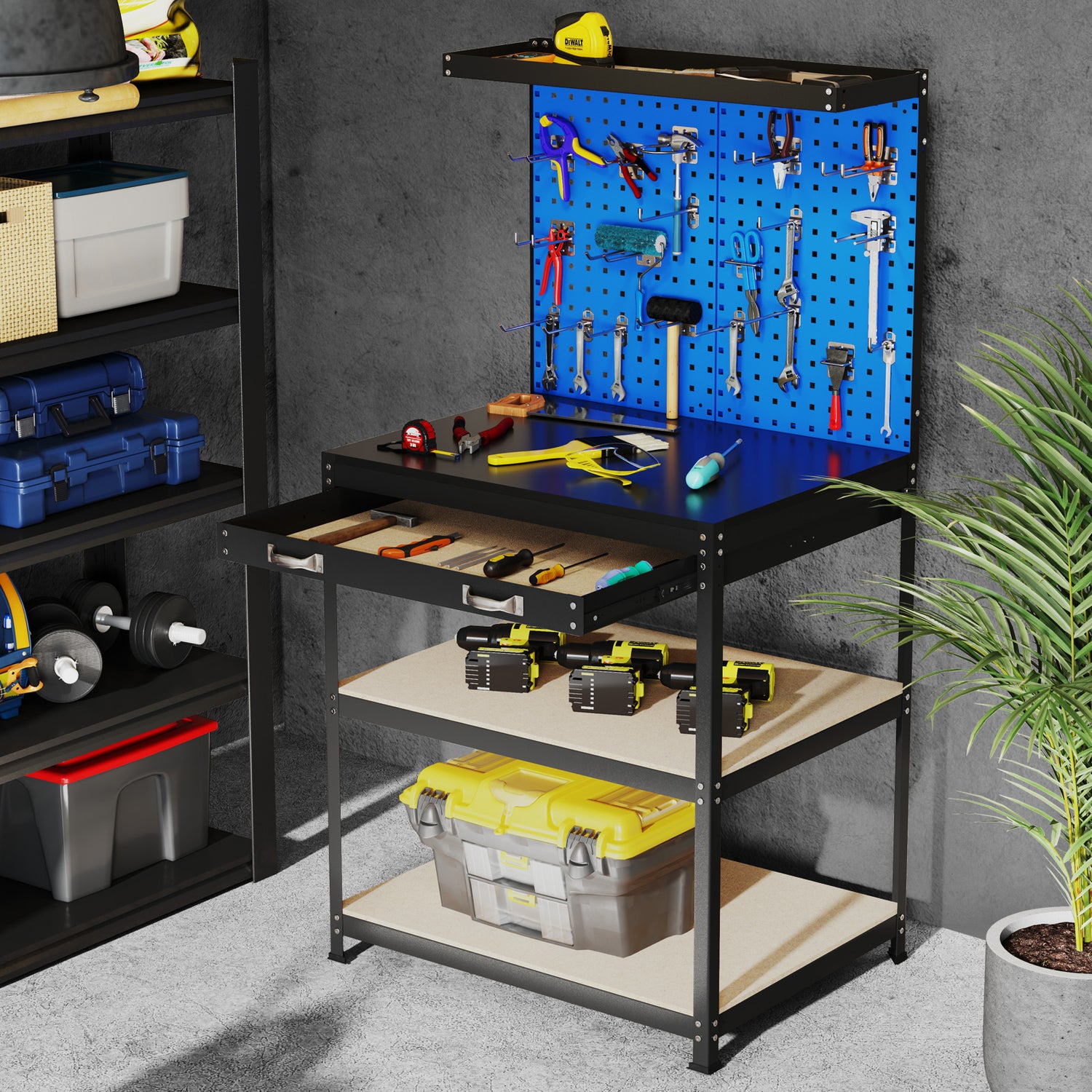 32 x 16 Inch Workbench Work Table with 2 PCs Pegboard Drawer and Shelves
