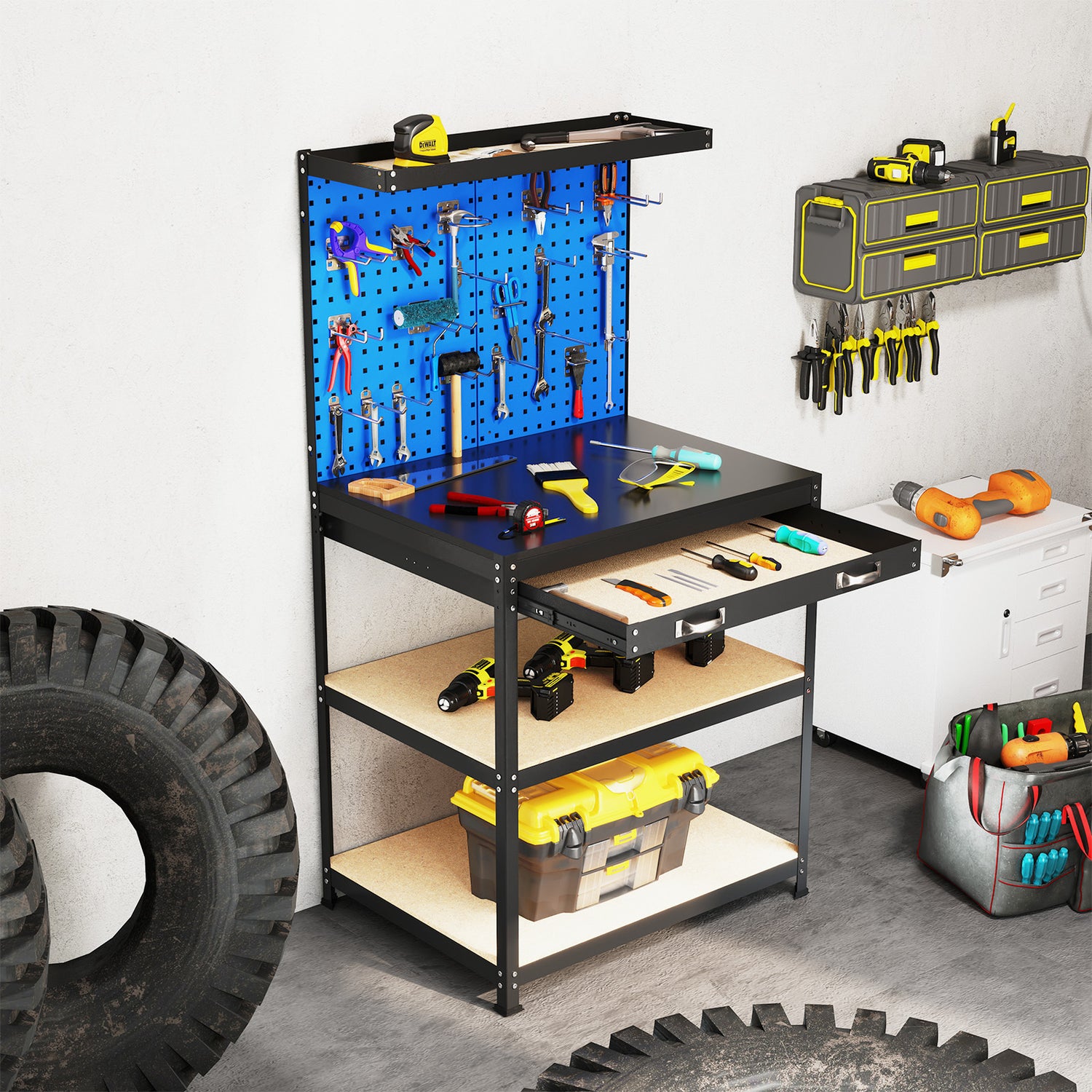32 x 16 Inch Workbench Work Table with 2 PCs Pegboard Drawer and Shelves