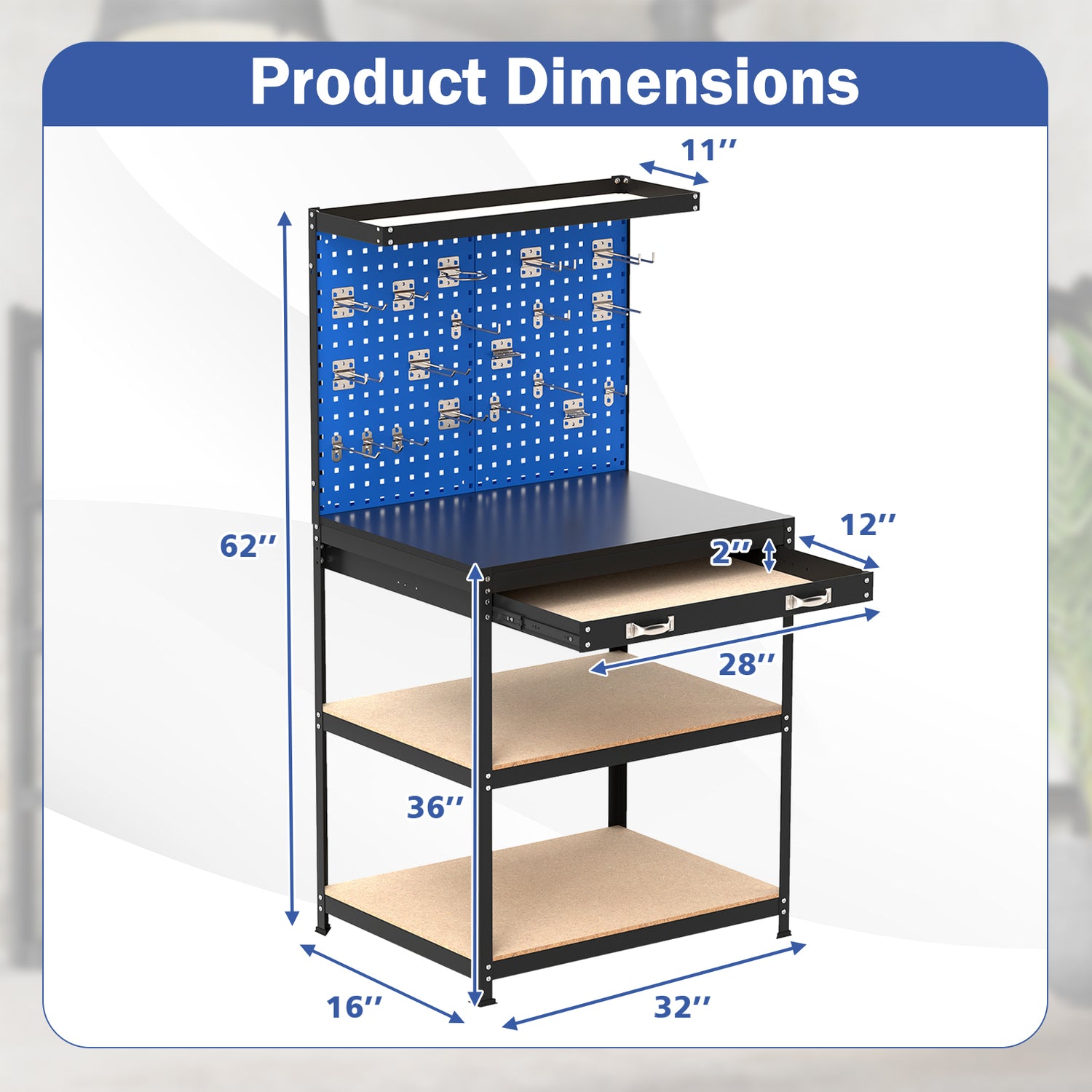 32 x 16 Inch Workbench Work Table with 2 PCs Pegboard Drawer and Shelves