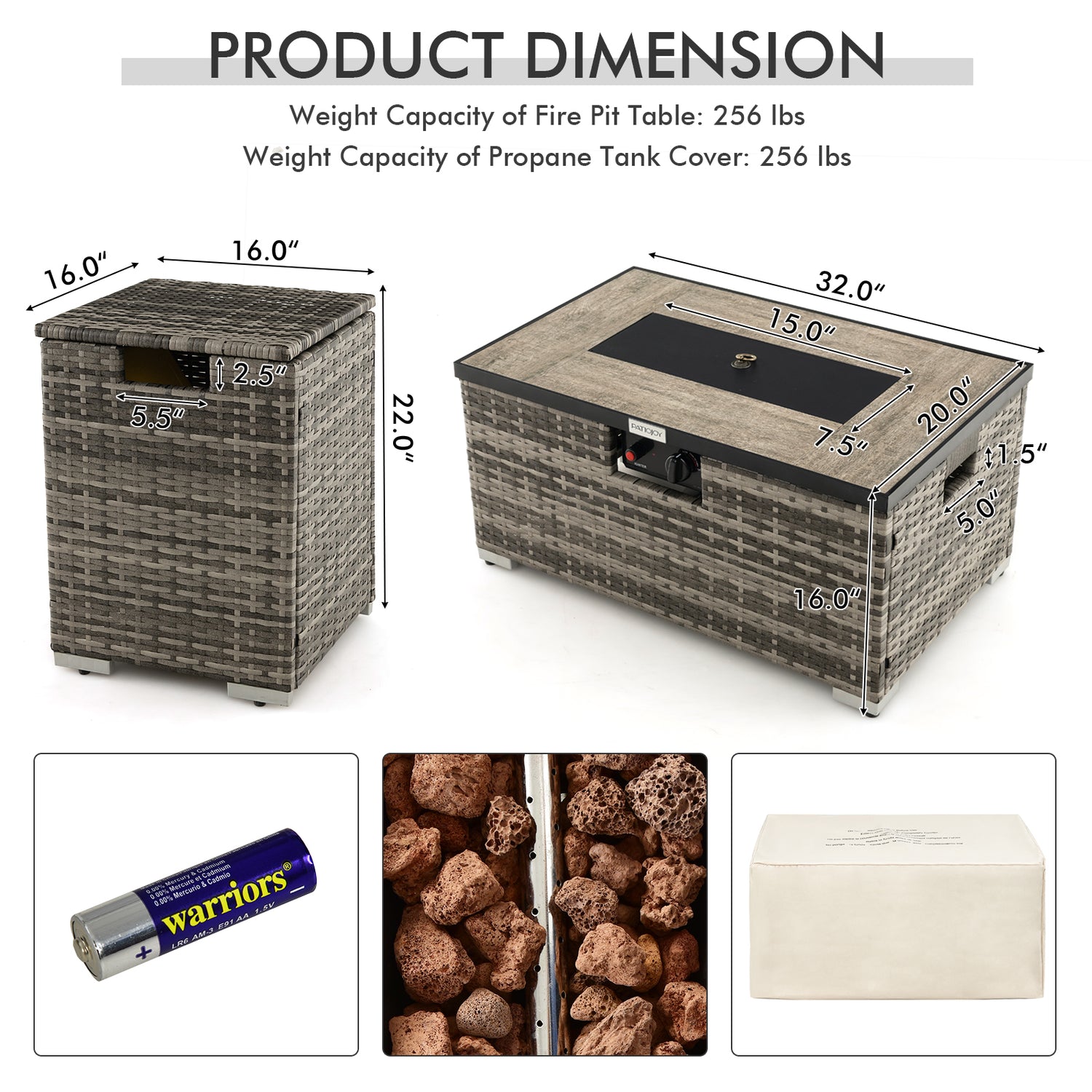 32 x 20 Inch Propane Rattan Fire Pit Table Set with Side Table Tank and Cover