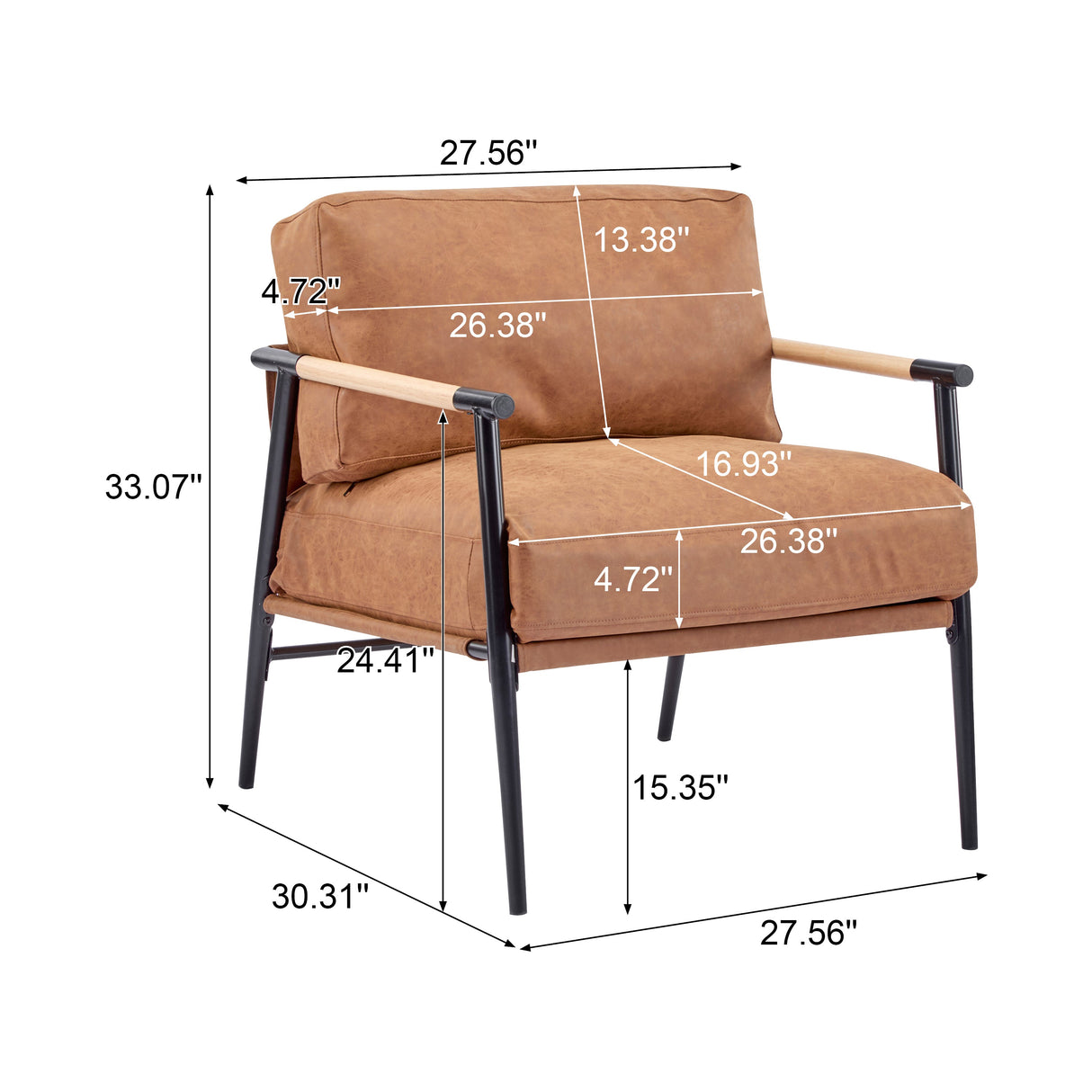 27.56' Modern Accent Chair with Plush Cushions, Minimalist Metal Frame, and Wooden Armrest Design – Perfect for Cozy Living Room, Bedroom, or Office Seating