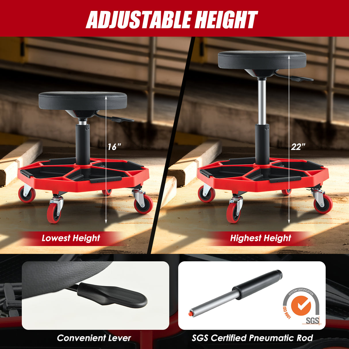 330 LBS Capacity Pneumatic Rolling Mechanic Stool with Padded Seat