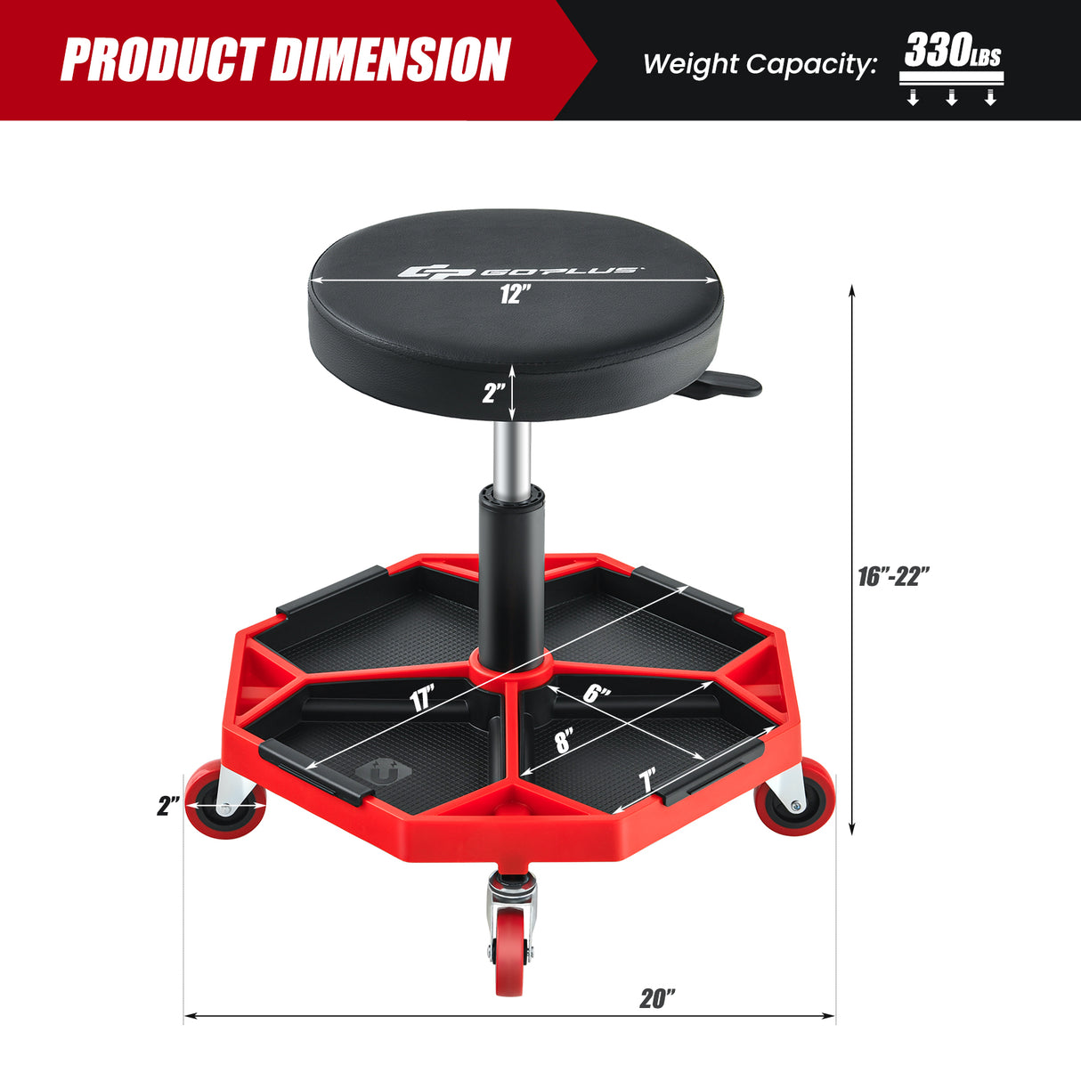 330 LBS Capacity Pneumatic Rolling Mechanic Stool with Padded Seat