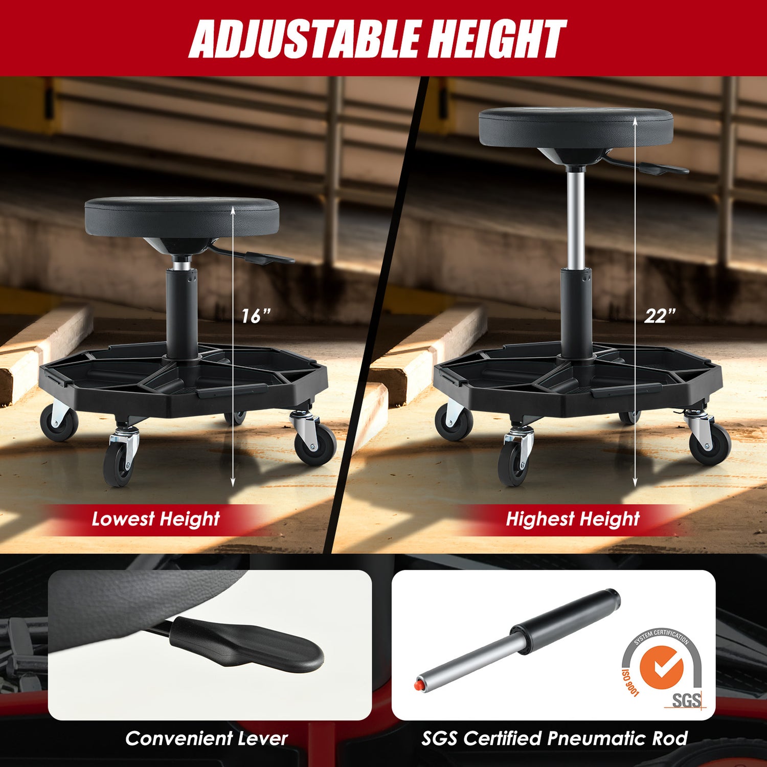 330 LBS Capacity Pneumatic Rolling Mechanic Stool with Padded Seat