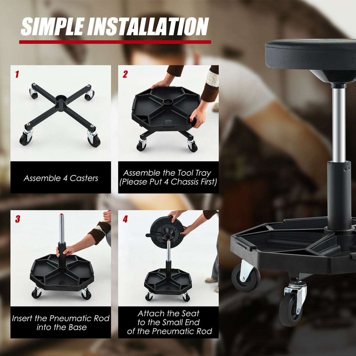 330 LBS Capacity Pneumatic Rolling Mechanic Stool with Padded Seat