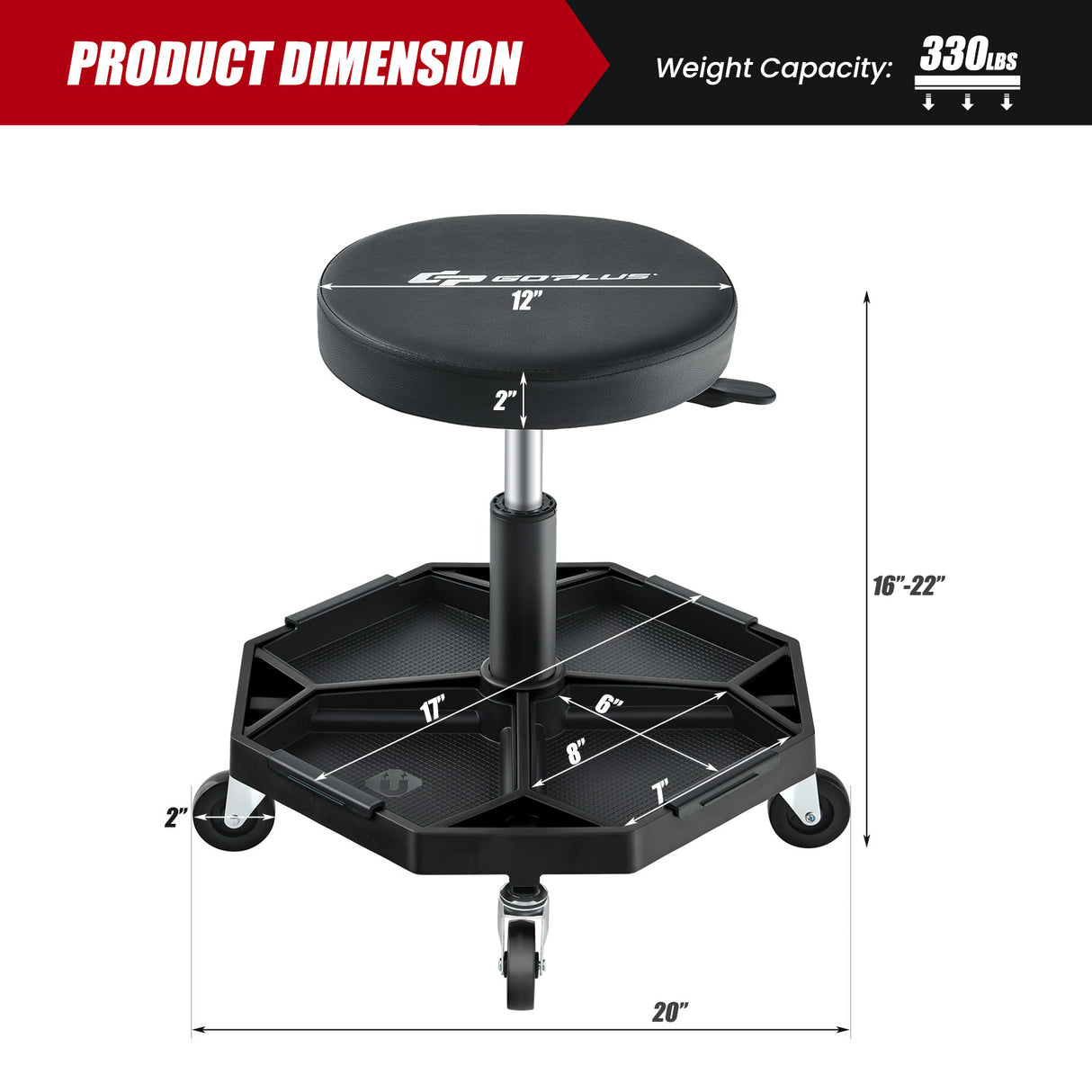 330 LBS Capacity Pneumatic Rolling Mechanic Stool with Padded Seat