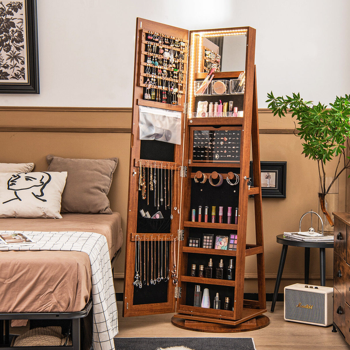 360Â° Rotating Mirrored Jewelry Cabinet Armoire 3 Color LED Modes Lockable