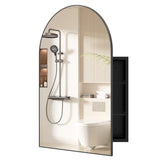 34" x 22" Brushed Metal Wall-Mounted Storage Cabinet with Arched Mirror and Adjustable Shelves-Black