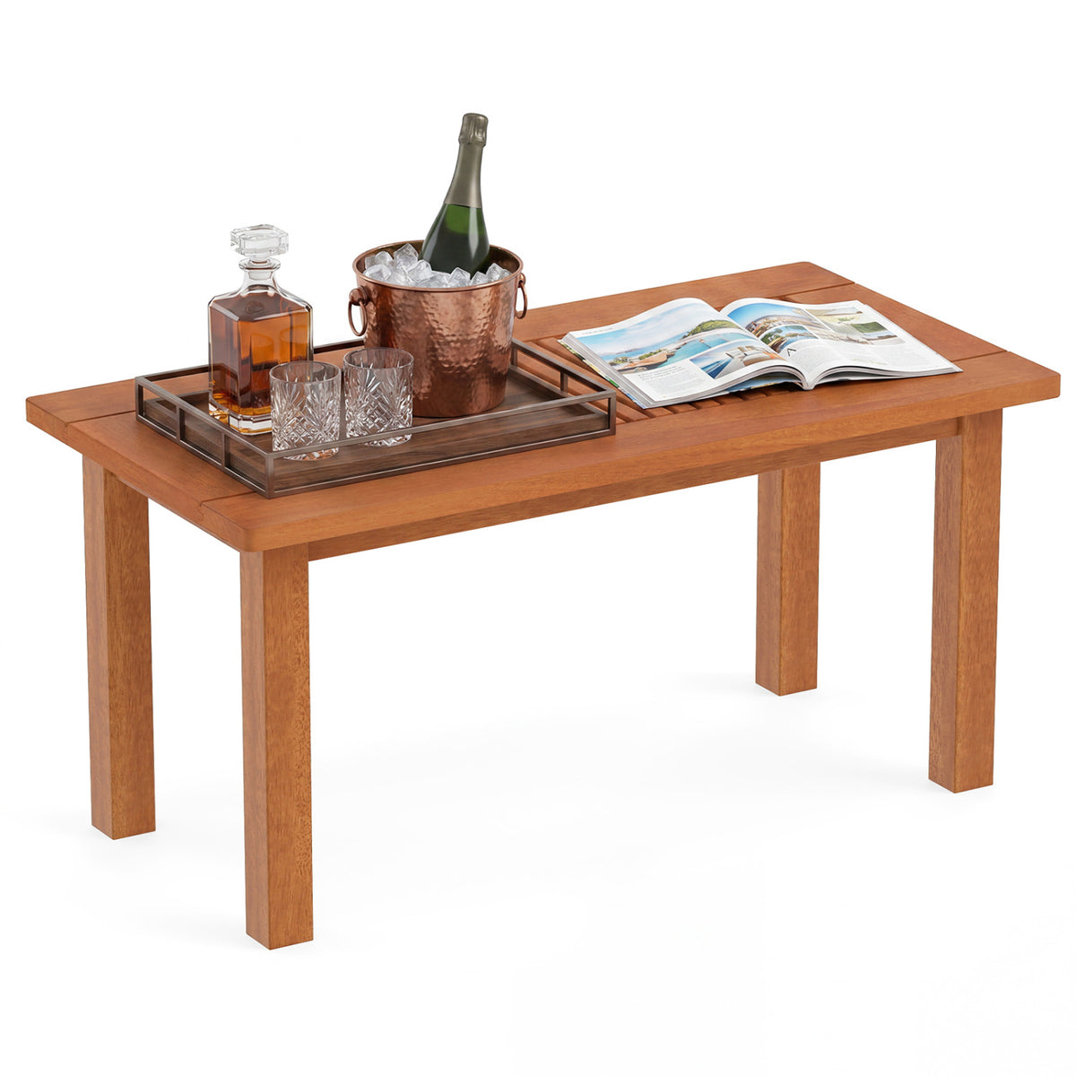 35.5 Inch Outdoor Modern Rectangular Coffee Table with Slatted Top for Backyard