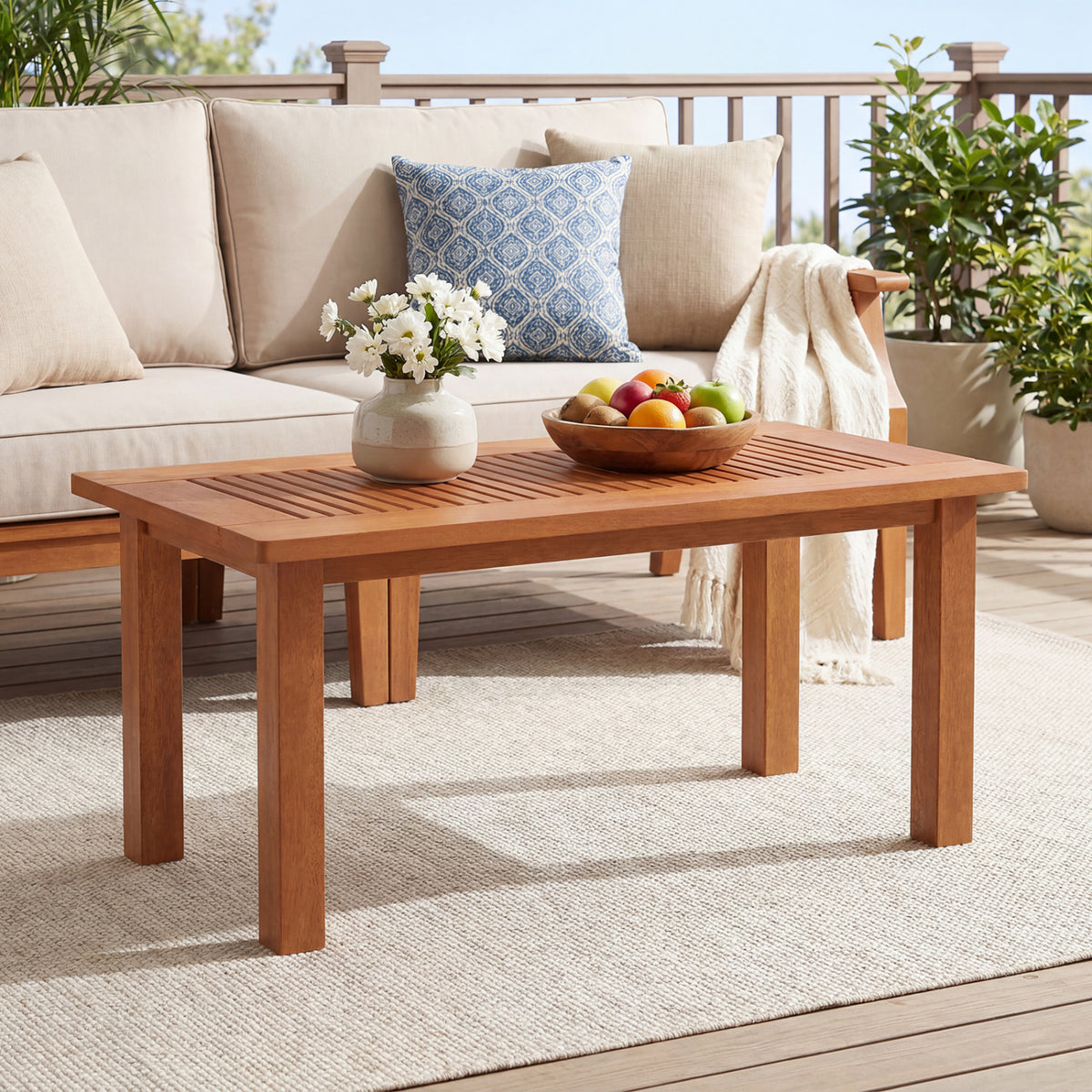 35.5 Inch Outdoor Modern Rectangular Coffee Table with Slatted Top for Backyard