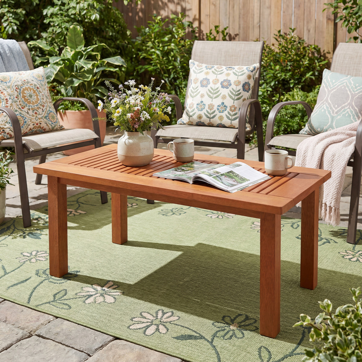35.5 Inch Outdoor Modern Rectangular Coffee Table with Slatted Top for Backyard