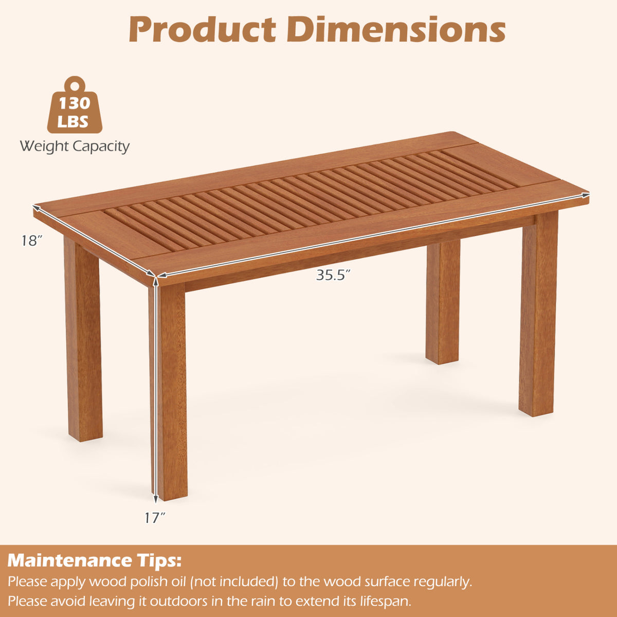 35.5 Inch Outdoor Modern Rectangular Coffee Table with Slatted Top for Backyard