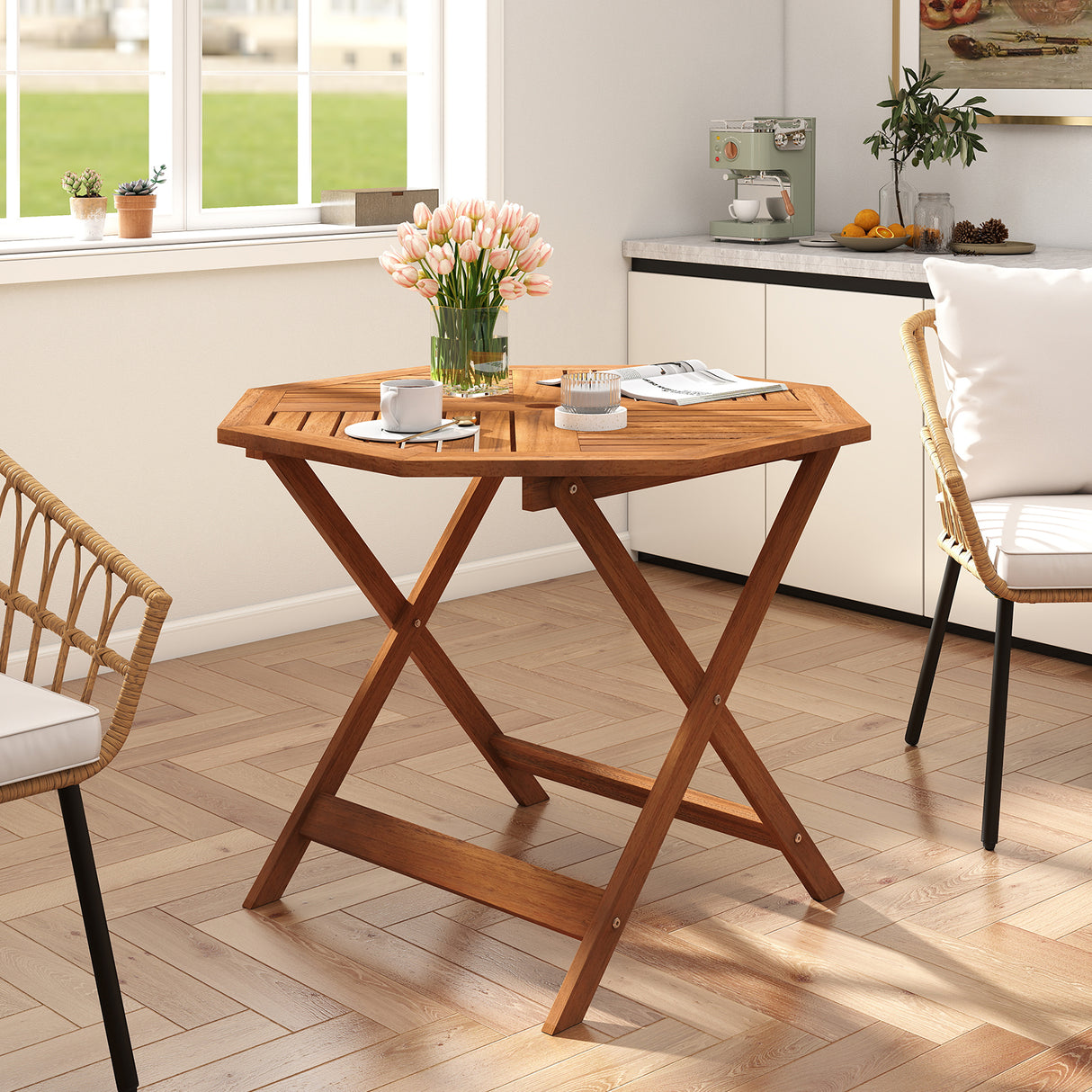 35.5 Inch Solid Wood Patio Dining Table Octagon Table with 1.97 Inch Umbrella Hole