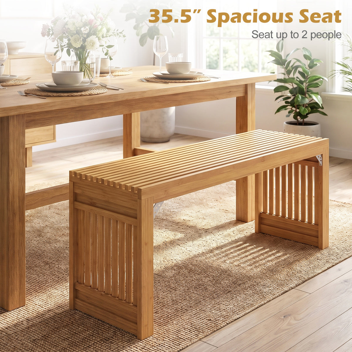 35.5" Indoor Bamboo Bench with Solid Widened Legs and Slatted Design for Entryway-Natural