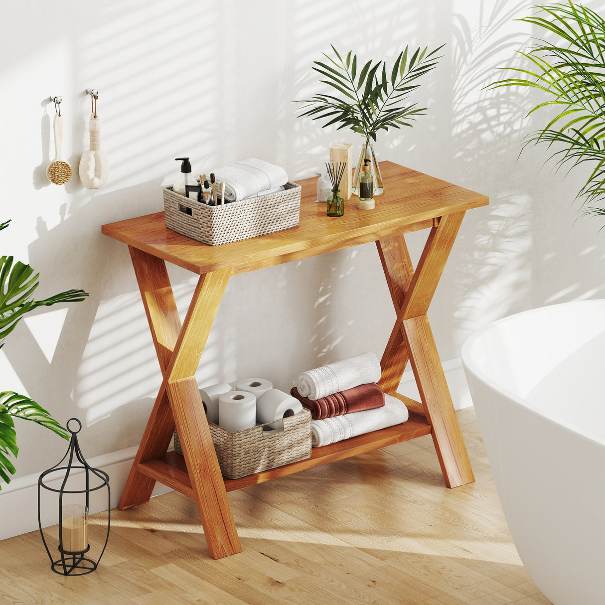35 Inch Solid Teak Wood Console Table with Storage Shelf