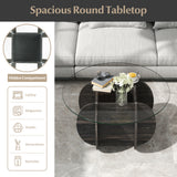 35" Round Coffee Table Unique Circle Center Table with Tempered Glass Top and Solid Wood Base-Black