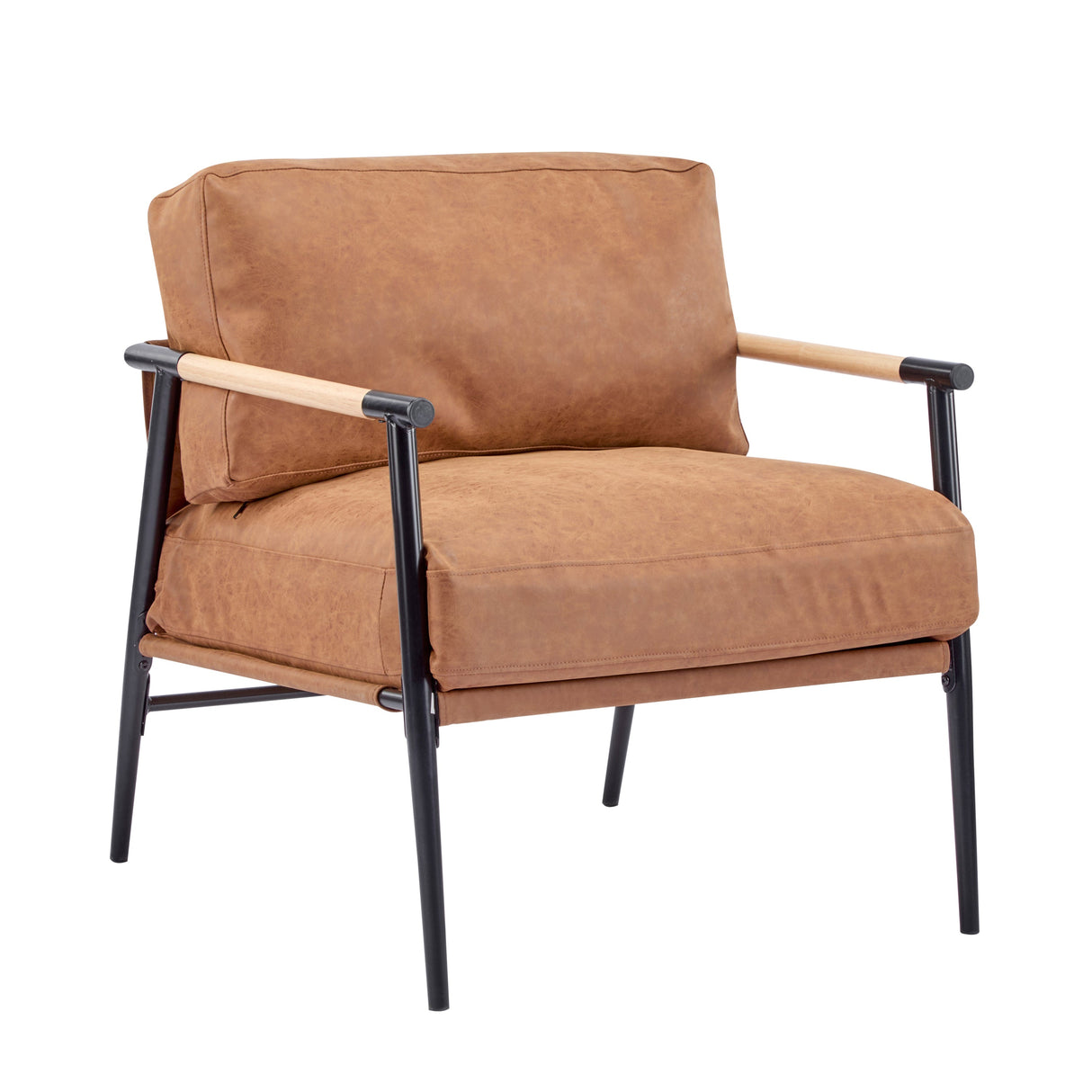 27.56' Modern Accent Chair with Plush Cushions, Minimalist Metal Frame, and Wooden Armrest Design – Perfect for Cozy Living Room, Bedroom, or Office Seating