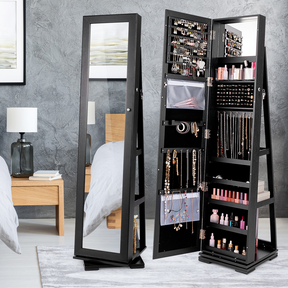 360Â° Rotatable 2-in-1 Lockable Jewelry Cabinet with Full-Length Mirror