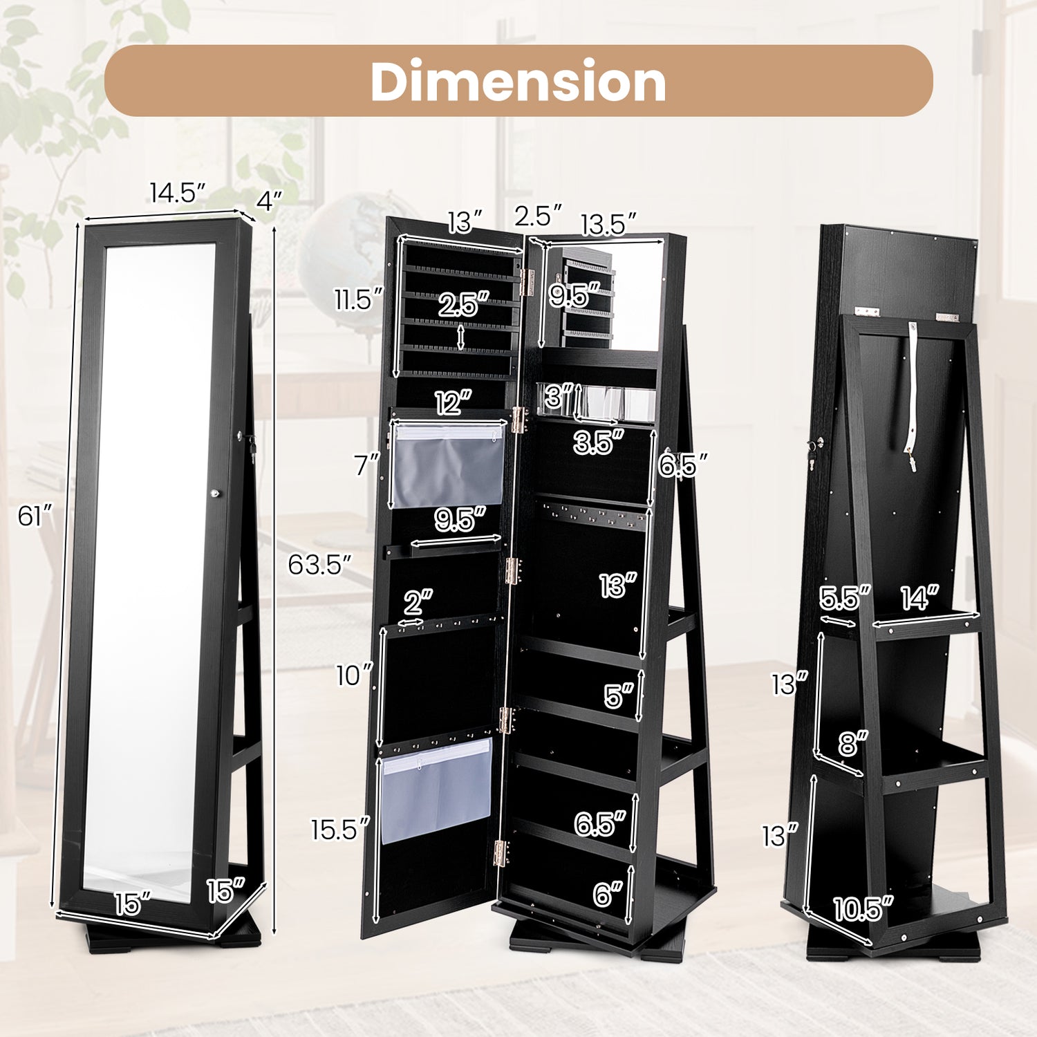 360Â° Rotatable 2-in-1 Lockable Jewelry Cabinet with Full-Length Mirror