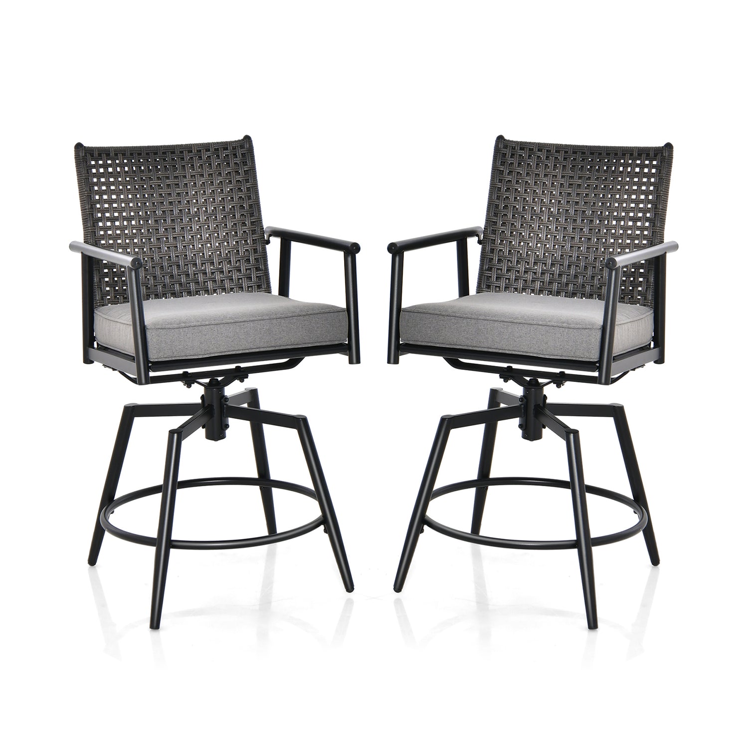 360 Degree Swivel Bar Stool Set of 2 with Metal Frame and PE Rattan Backrest-Black