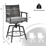 360 Degree Swivel Bar Stool Set of 2 with Metal Frame and PE Rattan Backrest-Black