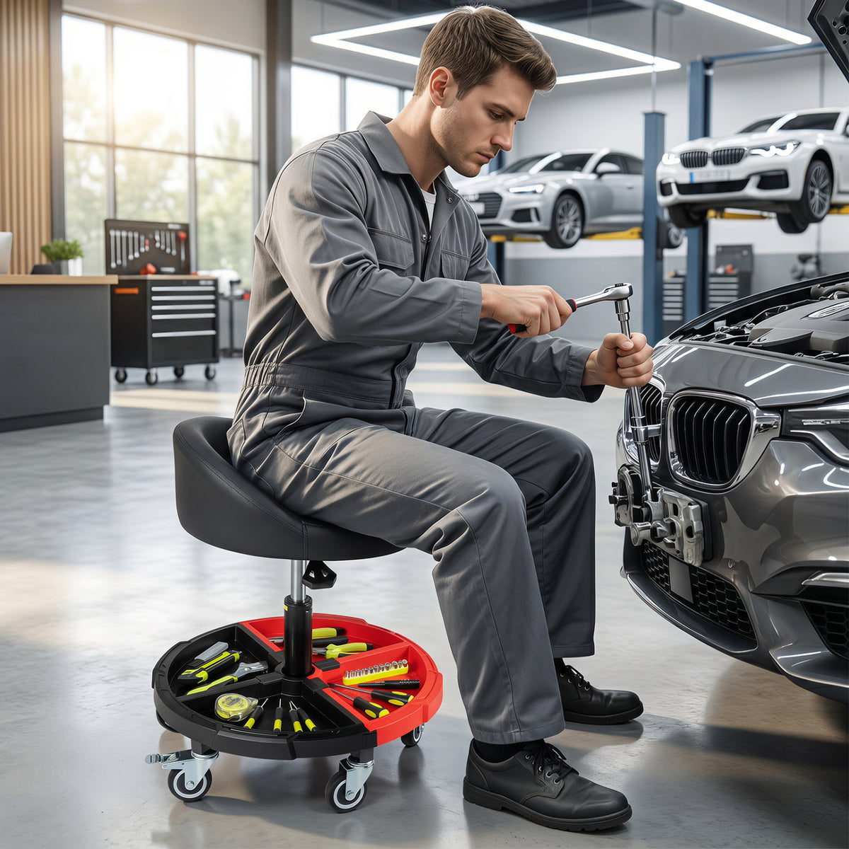 360Â° Rolling Mechanic Stool with 1 Tool Storage Tray-Red