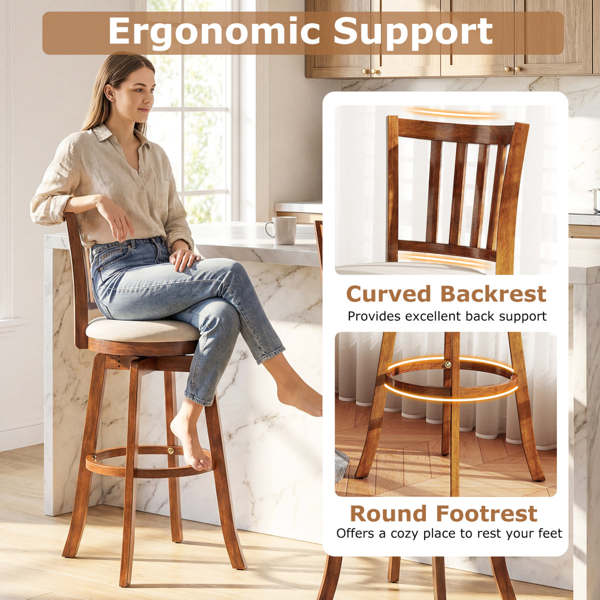 360Â° Rotating Counter Height Chairs Set of 4 with Backrest and Upholstered Seat-29/Seat-24 inches