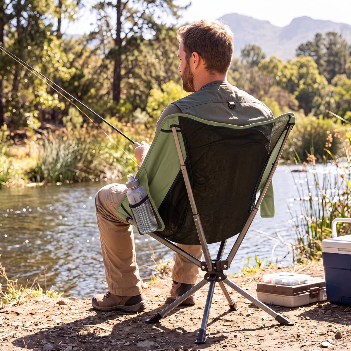 360Â° Swivel Camping Chair with Cup Holder and Side Pocket for Beach Support 300 LBS