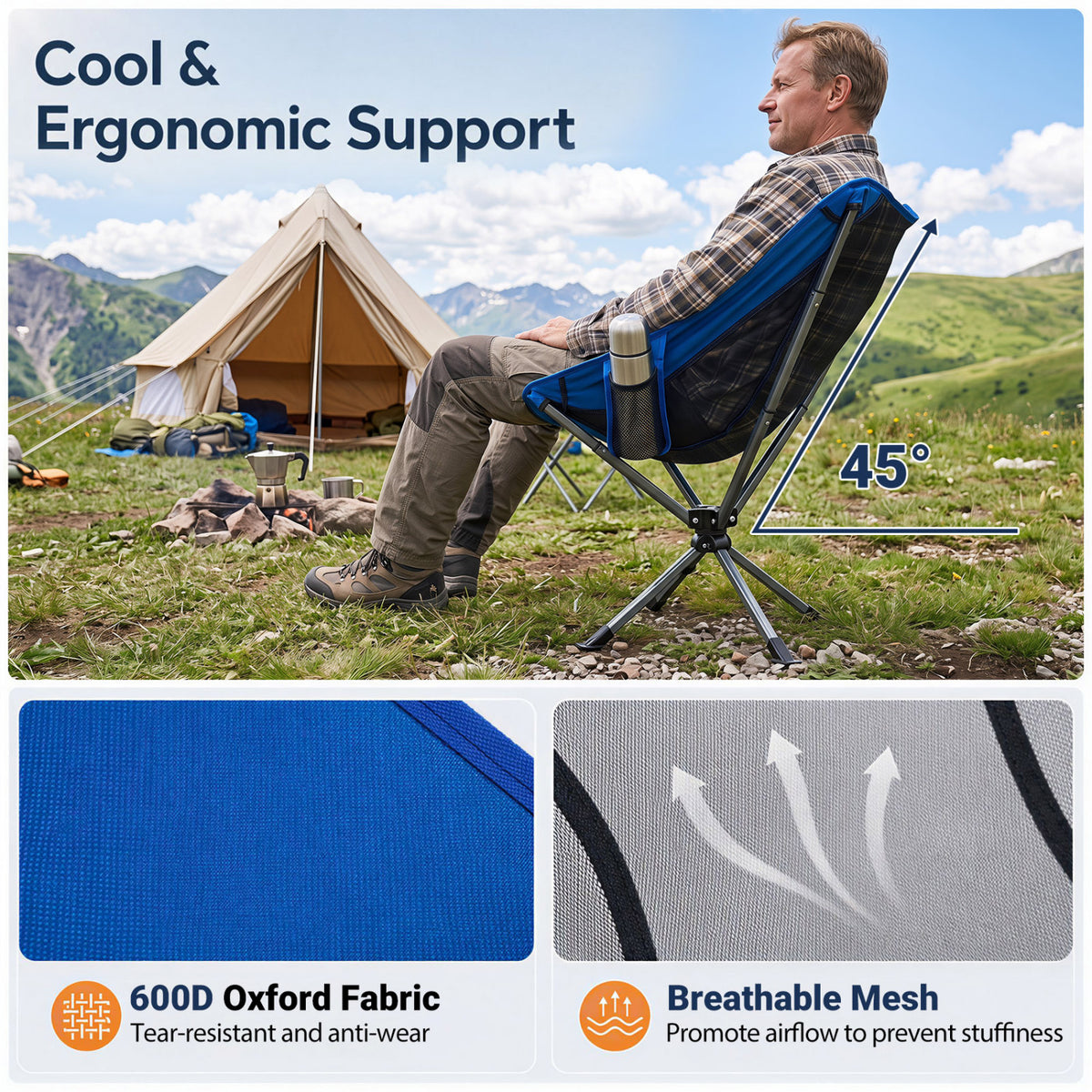360Â° Swivel Camping Chair with Cup Holder and Side Pocket for Beach Support 300 LBS