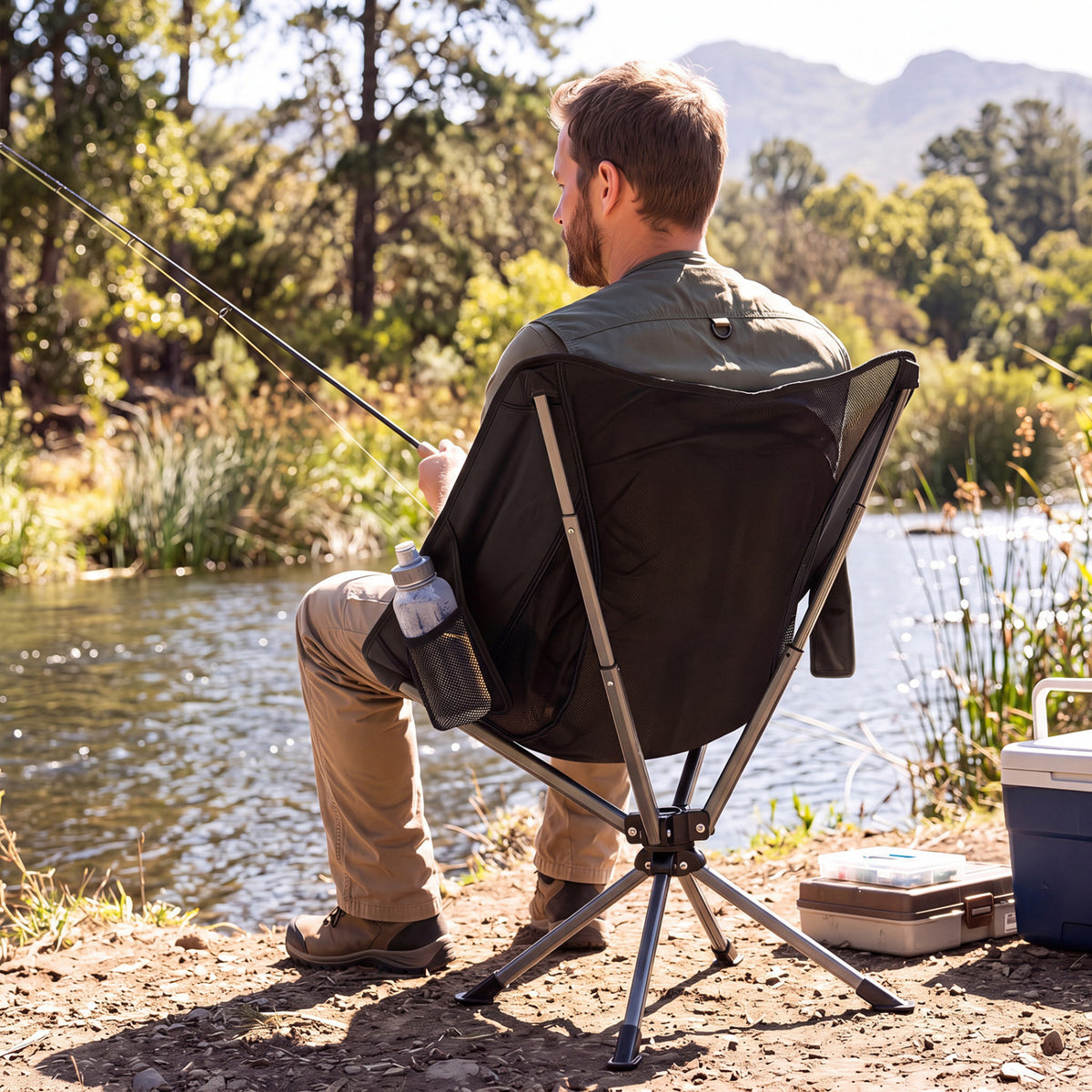 360Â° Swivel Camping Chair with Cup Holder and Side Pocket for Beach Support 300 LBS