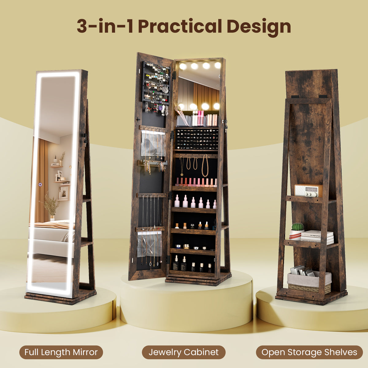 360Â° Swivel Freestanding Jewelry Cabinet with Lighted Full Length Mirror