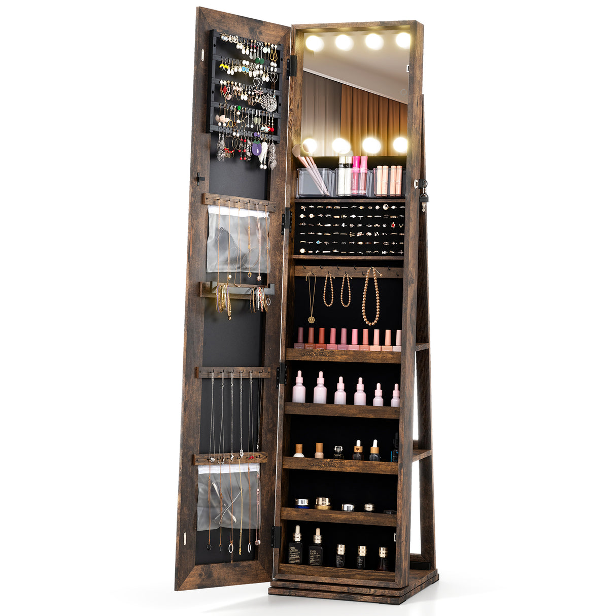360° Swivel Freestanding Jewelry Cabinet with Lighted Full Length Mirror