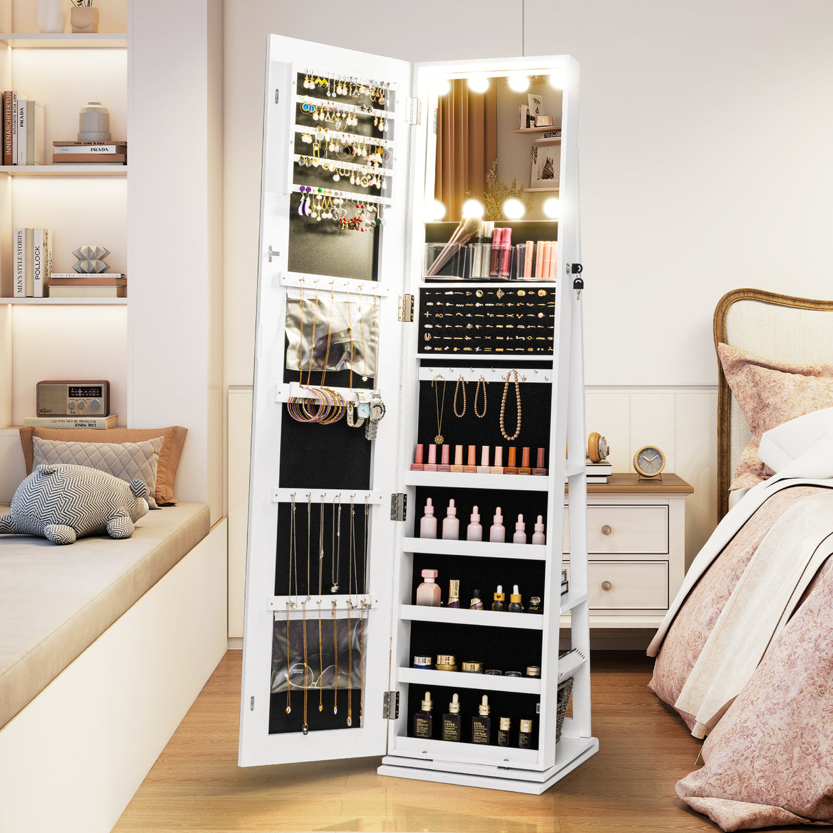 360° Swivel Freestanding Jewelry Cabinet with Lighted Full Length Mirror