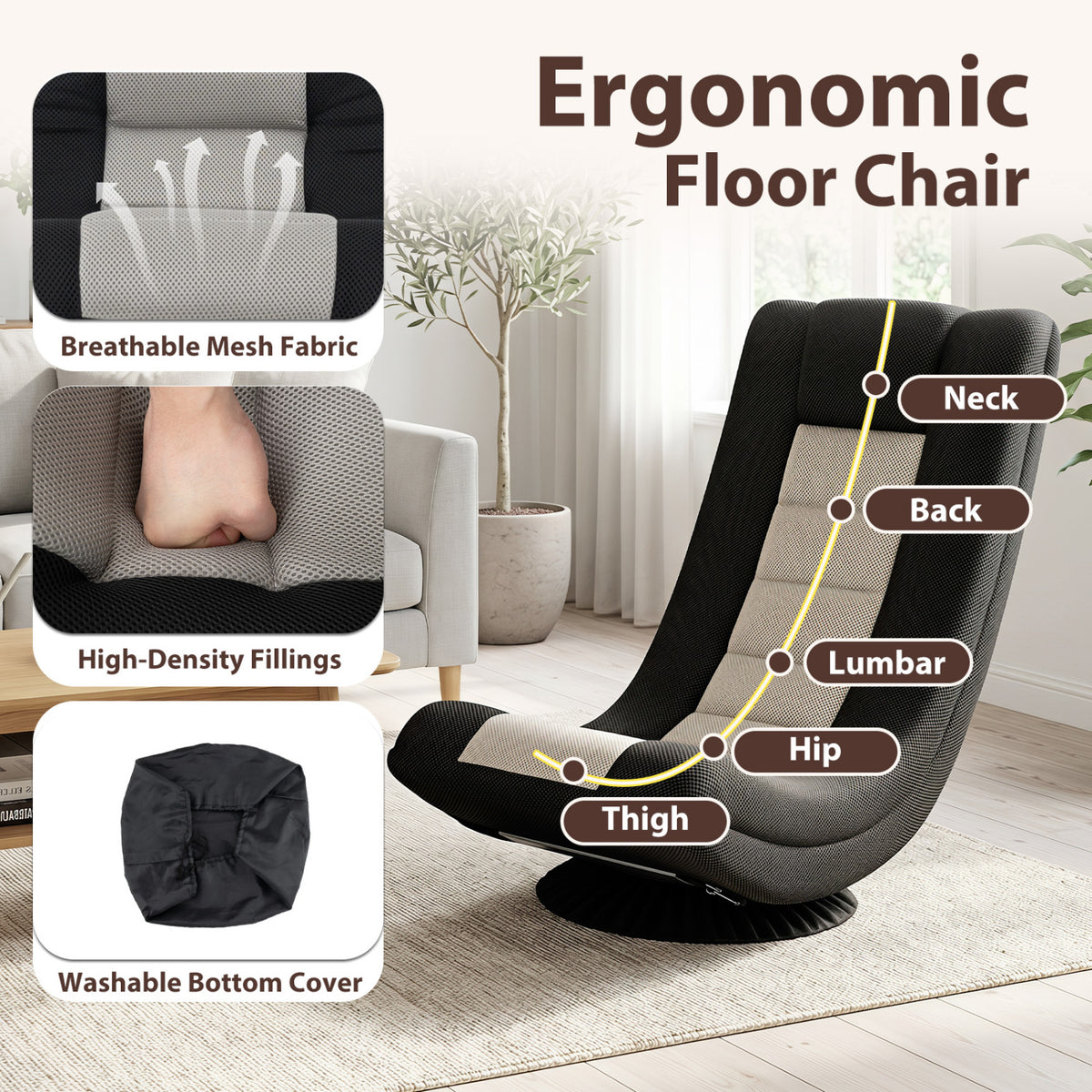 360Â° Swivel Gaming Chair with 4 Adjustable Position-Black and Gray