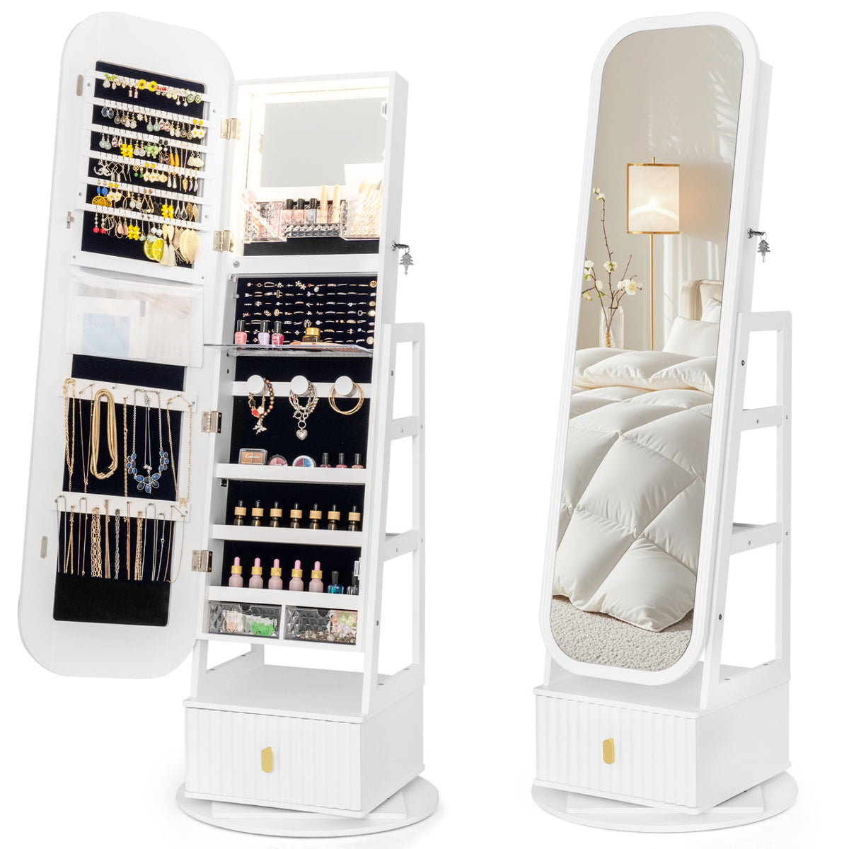360Â° Swivel Jewelry Cabinet with Full-Length Mirror and Dual Hooks-White