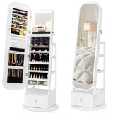 360Â° Swivel Jewelry Cabinet with Full-Length Mirror and Dual Hooks-White