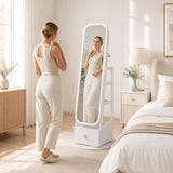 360Â° Swivel Jewelry Cabinet with Full-Length Mirror and Dual Hooks-White