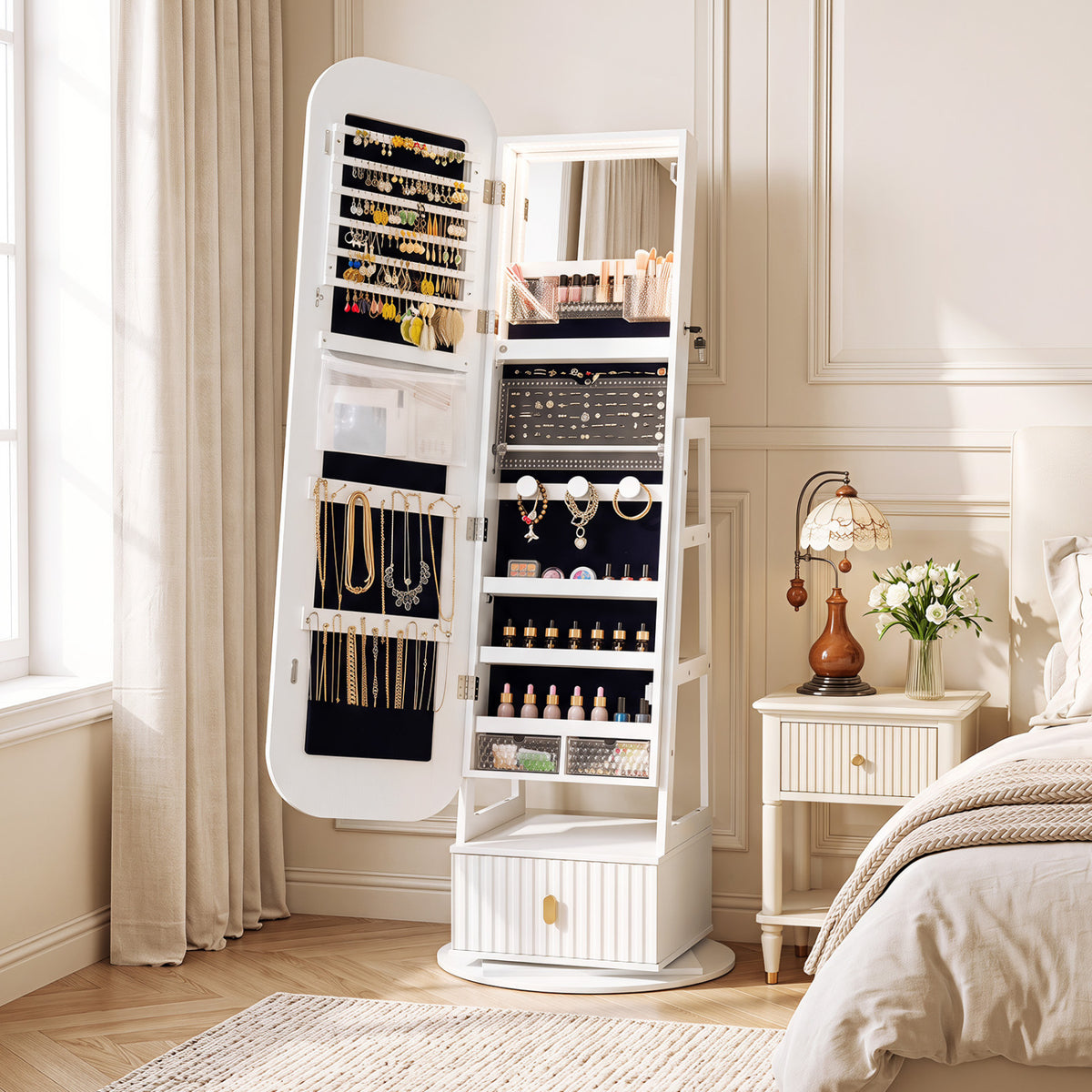 360Â° Swivel Jewelry Cabinet with Full-Length Mirror and Dual Hooks-White