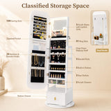 360Â° Swivel Jewelry Cabinet with Full-Length Mirror and Dual Hooks-White